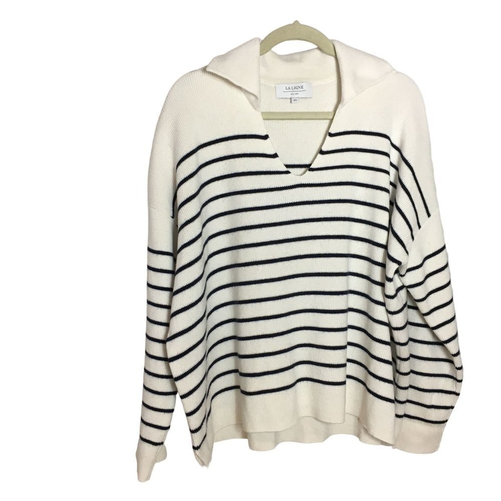 La Ligne XL Sweater Striped Merino Wool Ivory Black Nautical Cotton Cashmere - Picture 2 of 5